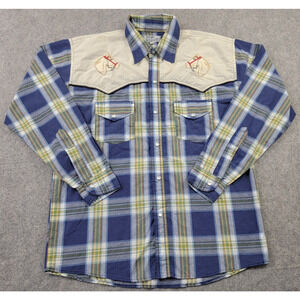 Wrangler Shirt Mens Medium Blue Green Plaid Pearl Snap Embroidered Horses Logo